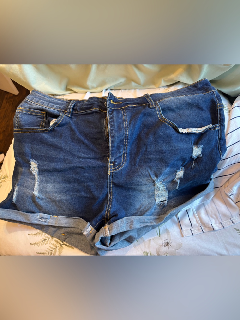SHEIN Dark Blue Distressed Roll-Hem Jean Shorts